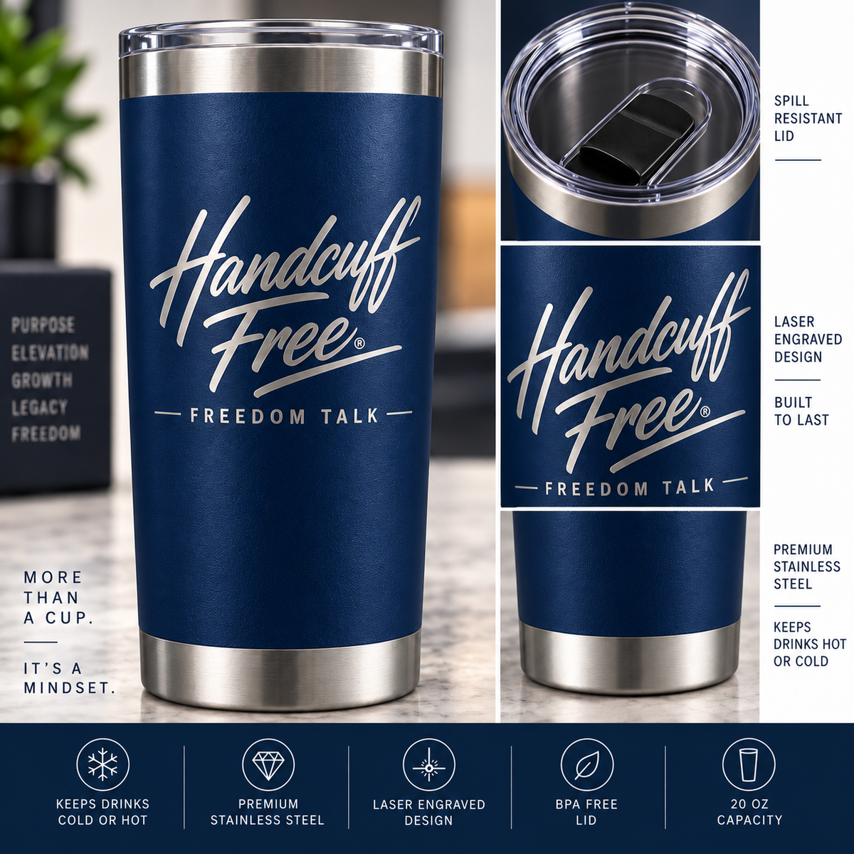 Handcuff Free® | Freedom Talk 20 oz Tumbler – Navy
